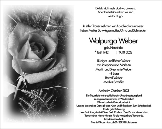 Traueranzeige von Walpurga Weber von Wetzlarer Neue Zeitung
