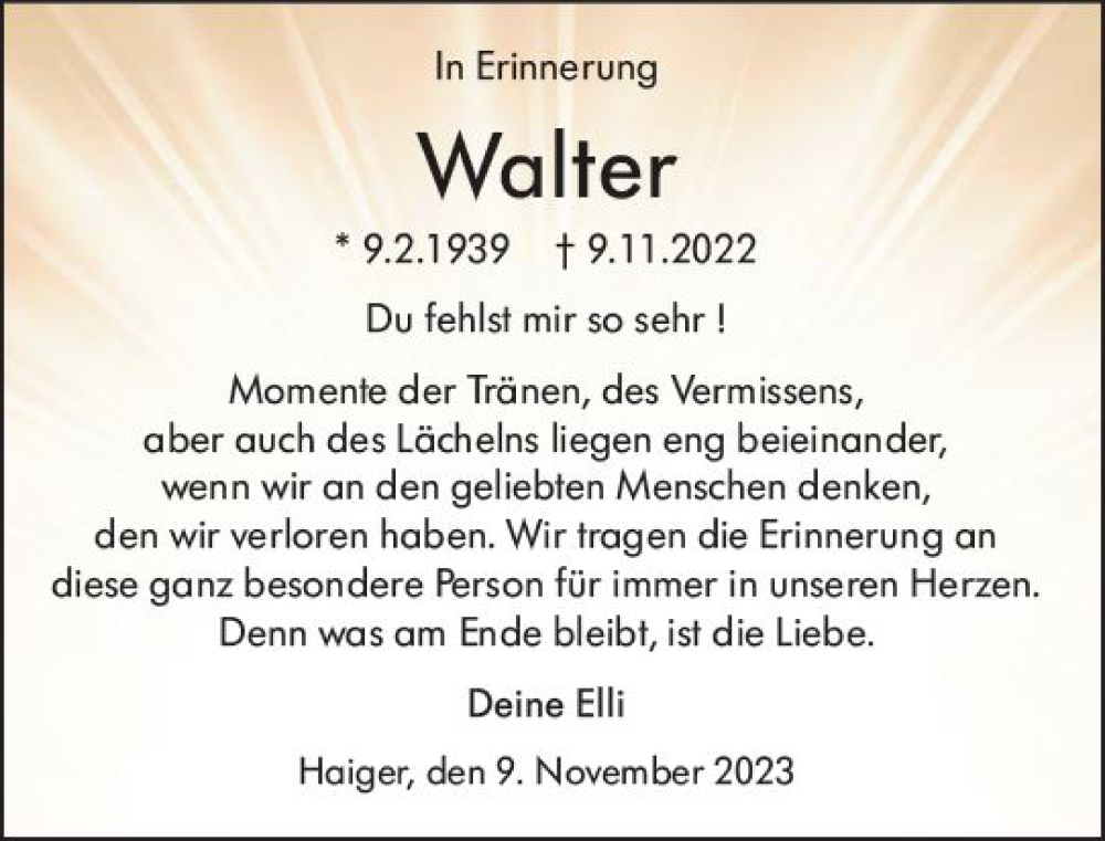  Traueranzeige für Walter  vom 09.11.2023 aus Dill Block
