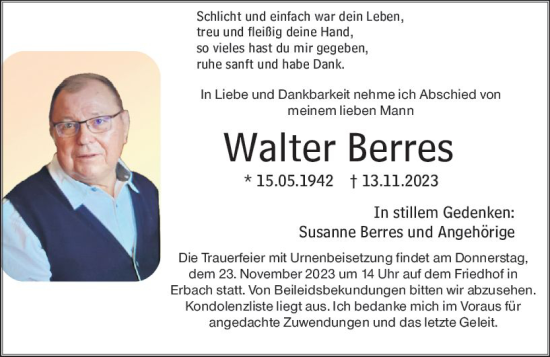 Traueranzeige von Walter Berres von Odenwälder Echo