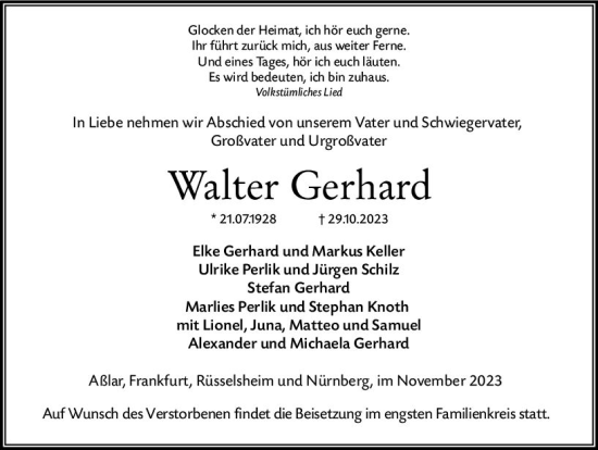 Traueranzeige von Walter Gerhard von Wetzlarer Neue Zeitung