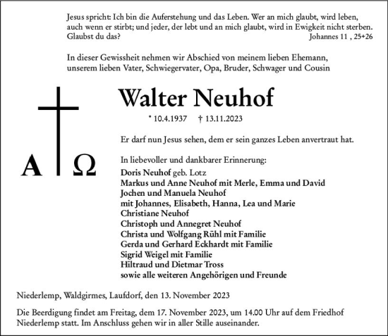 Traueranzeige von Walter Neuhof von Wetzlarer Neue Zeitung