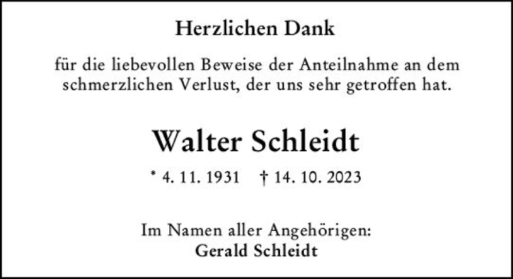  Traueranzeige für Walter Schleidt vom 18.11.2023 aus Darmstädter Echo