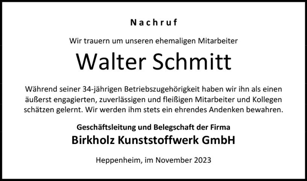  Traueranzeige für Walter Schmitt vom 18.11.2023 aus Starkenburger Echo