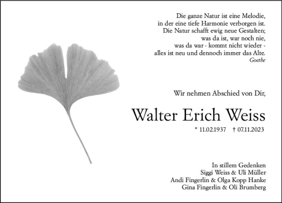 Traueranzeige von Walter Erich Weiss von Weilburger Tageblatt