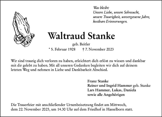 Traueranzeige von Waltraud Stanke von Wetzlarer Neue Zeitung