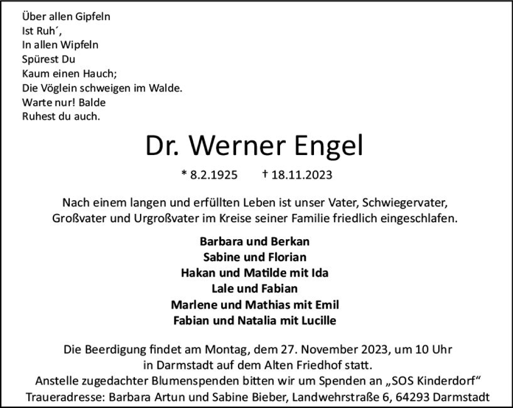  Traueranzeige für Werner Engel vom 25.11.2023 aus Darmstädter Echo