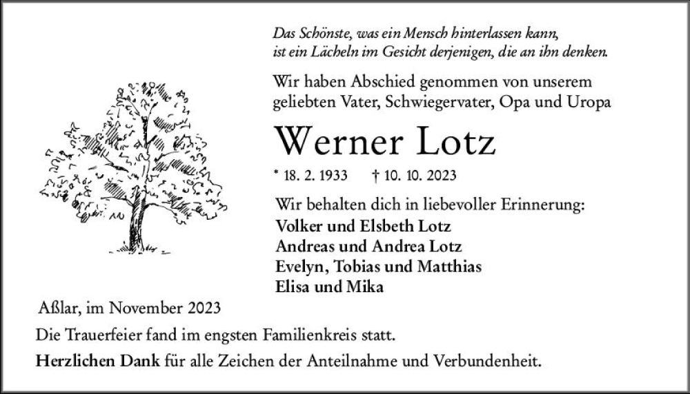  Traueranzeige für Werner Lotz vom 04.11.2023 aus Wetzlarer Neue Zeitung