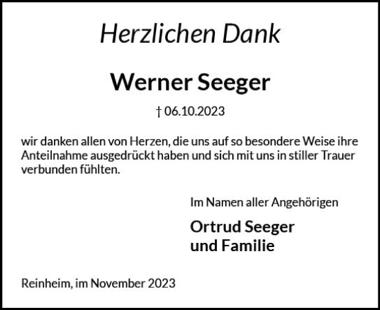 Traueranzeige von Werner Seeger von Darmstädter Echo
