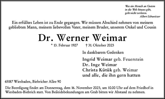 Traueranzeige von Werner Weimar von Wiesbadener Kurier