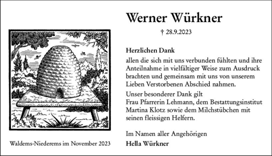 Traueranzeige von Werner Würkner von Camberger Anzeiger