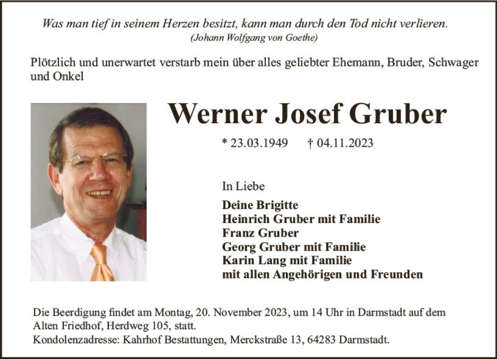  Traueranzeige für Werner Josef Gruber vom 11.11.2023 aus Darmstädter Echo