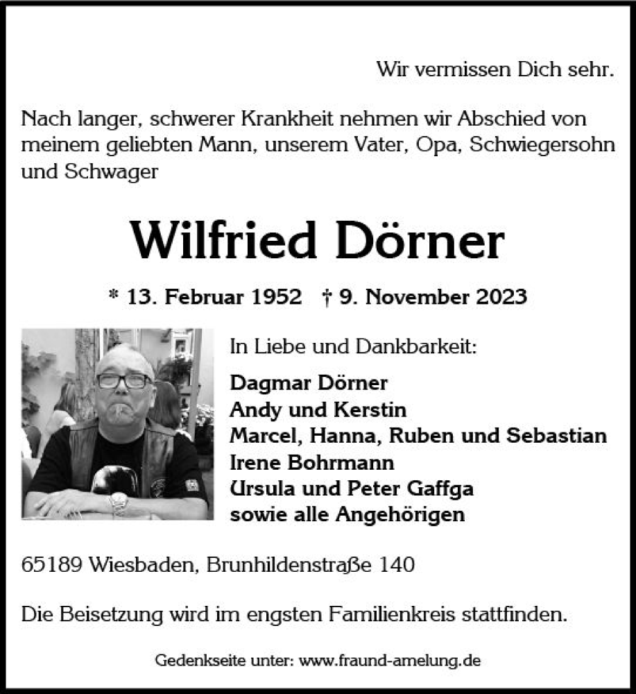  Traueranzeige für Wilfried Dörner vom 18.11.2023 aus Wiesbadener Kurier
