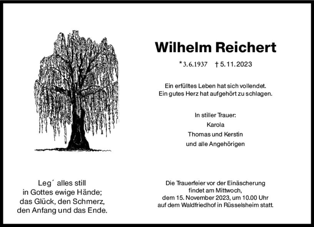  Traueranzeige für Wilhelm Reichert vom 11.11.2023 aus Rüsselsheimer Echo