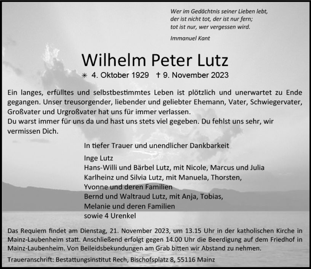  Traueranzeige für Wilhelm Peter Lutz vom 18.11.2023 aus Allgemeine Zeitung Mainz