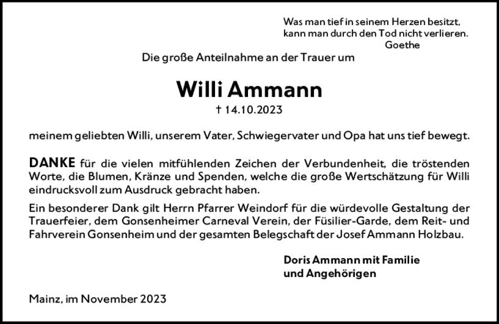  Traueranzeige für Willi Ammann vom 18.11.2023 aus Allgemeine Zeitung Mainz