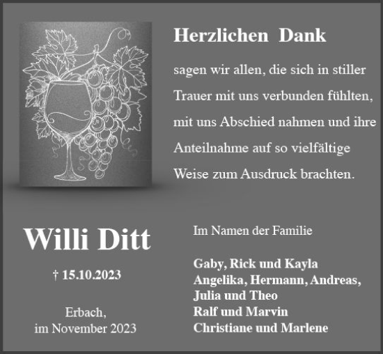 Traueranzeige von Willi Ditt von Rheingau Kurier