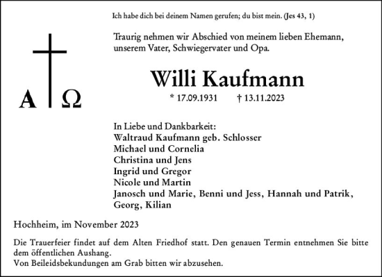 Traueranzeige von Willi Kaufmann von Hochheimer Zeitung