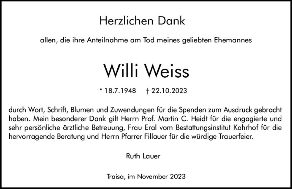 Traueranzeige für Willi Weiss vom 18.11.2023 aus Darmstädter Echo