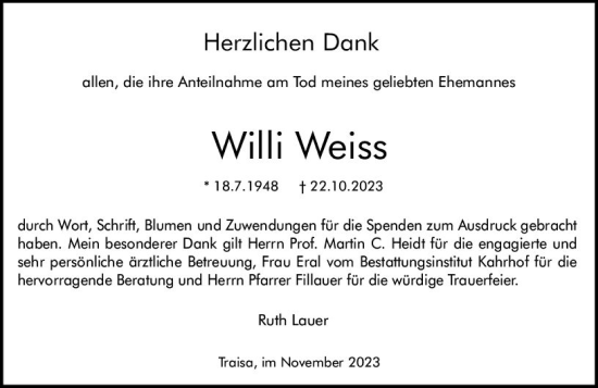 Traueranzeige von Willi Weiss von Darmstädter Echo