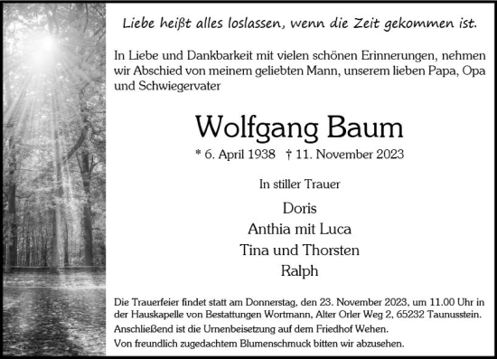 Traueranzeige von Wolfgang Baum von Wiesbadener Kurier