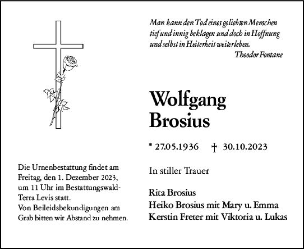  Traueranzeige für Wolfgang Brosius vom 18.11.2023 aus Wiesbadener Kurier