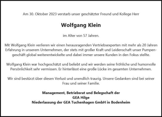 Traueranzeige von Wolfgang Klein von Wiesbadener Kurier