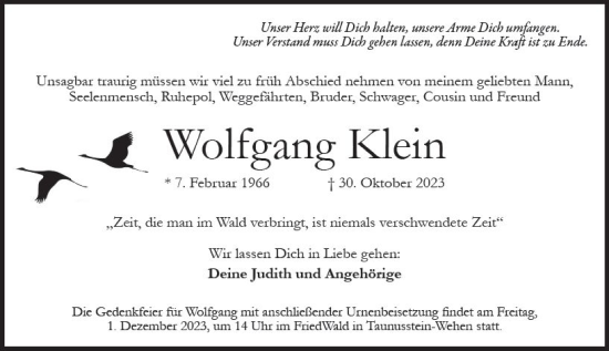 Traueranzeige von Wolfgang Klein von Wiesbadener Kurier