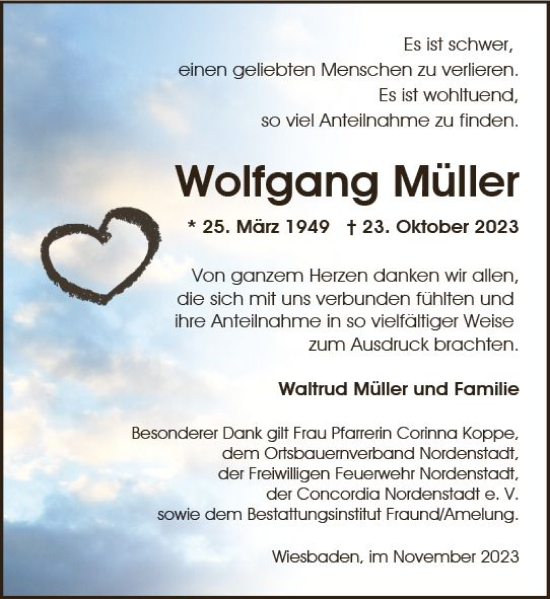 Traueranzeige von Wolfgang Müller von Wiesbadener Kurier