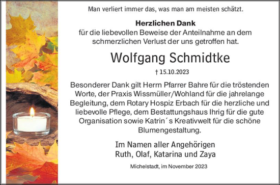 Traueranzeige von Wolfgang Schmidtke von Odenwälder Echo