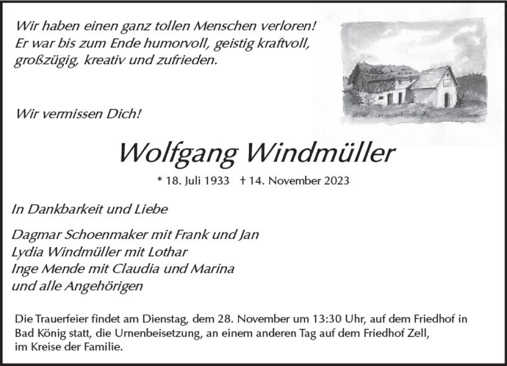  Traueranzeige für Wolfgang Windmüller vom 18.11.2023 aus Odenwälder Echo