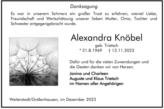 Traueranzeige von Alexandra Knöbel von Darmstädter Echo