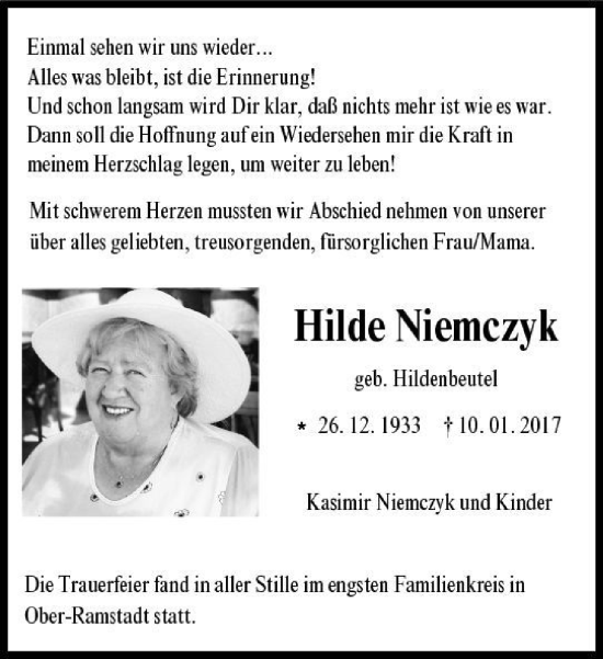 Traueranzeige von Hilde Niemczyk 