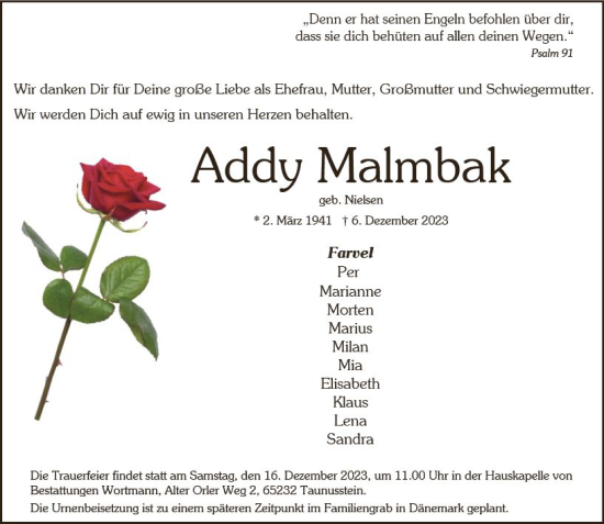 Traueranzeige von Addy Malmbak von Wiesbadener Kurier