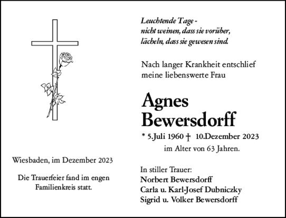  Traueranzeige für Agnes Bewersdorff vom 23.12.2023 aus Wiesbadener Kurier