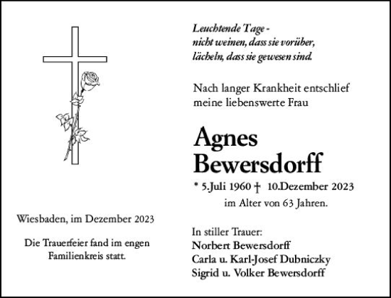 Traueranzeige von Agnes Bewersdorff von Wiesbadener Kurier