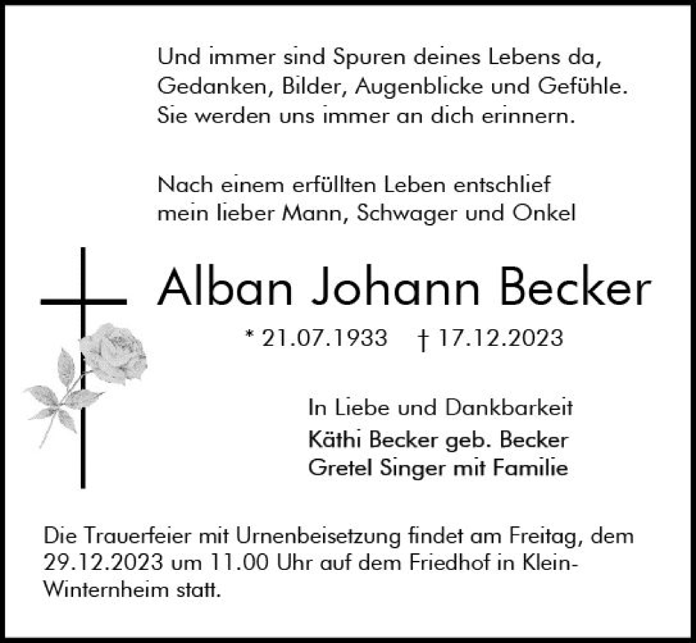  Traueranzeige für Alban Johann Becker vom 23.12.2023 aus Allgemeine Zeitung Mainz