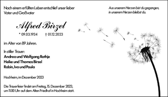 Traueranzeige von Alfred Birzel von Hochheimer Zeitung
