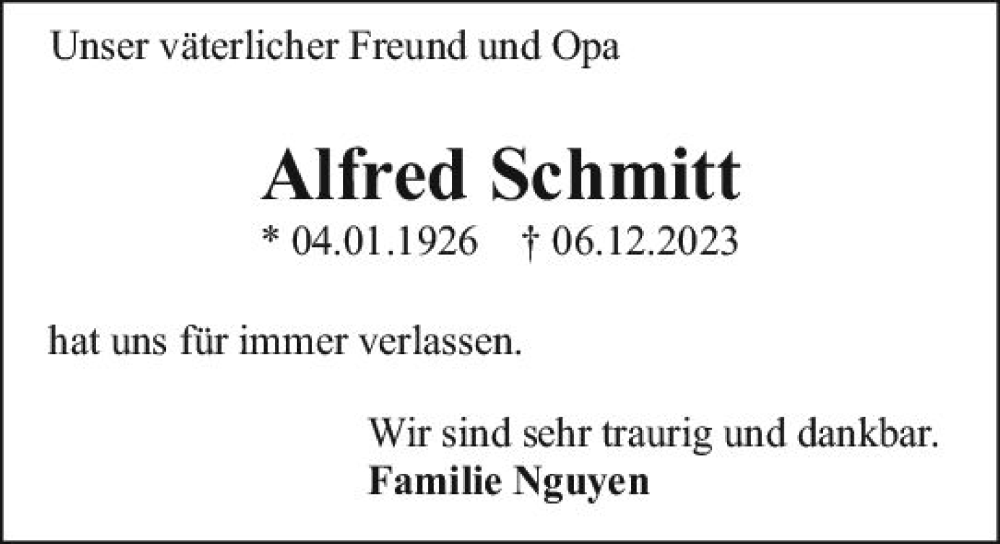  Traueranzeige für Alfred Schmitt vom 23.12.2023 aus Darmstädter Echo