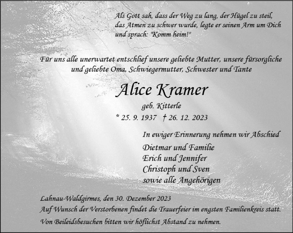  Traueranzeige für Alice Kramer vom 30.12.2023 aus Wetzlarer Neue Zeitung