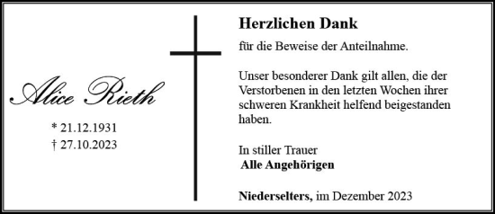 Traueranzeige von Alice Rieth von Camberger Anzeiger