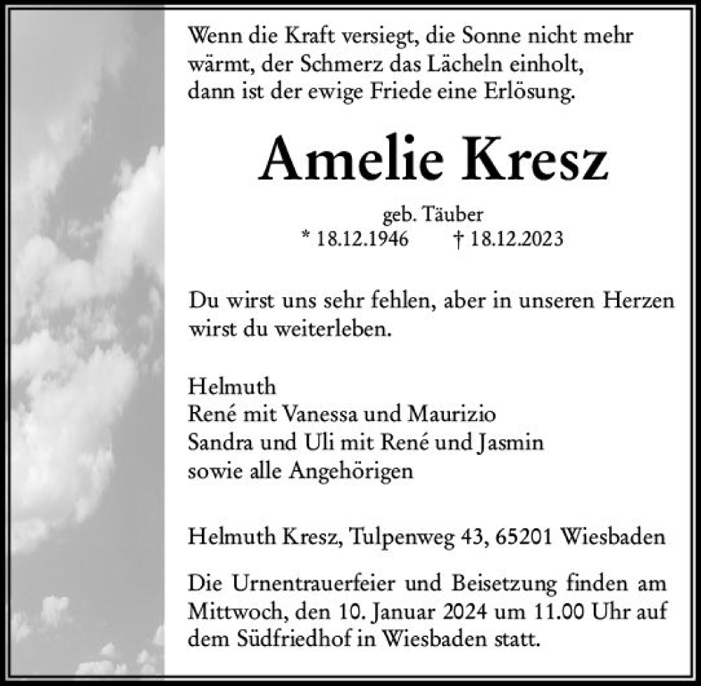  Traueranzeige für Amelie Kresz vom 30.12.2023 aus Wiesbadener Kurier
