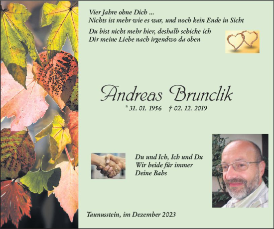 Traueranzeige von Andreas Brunclik von Wiesbadener Kurier