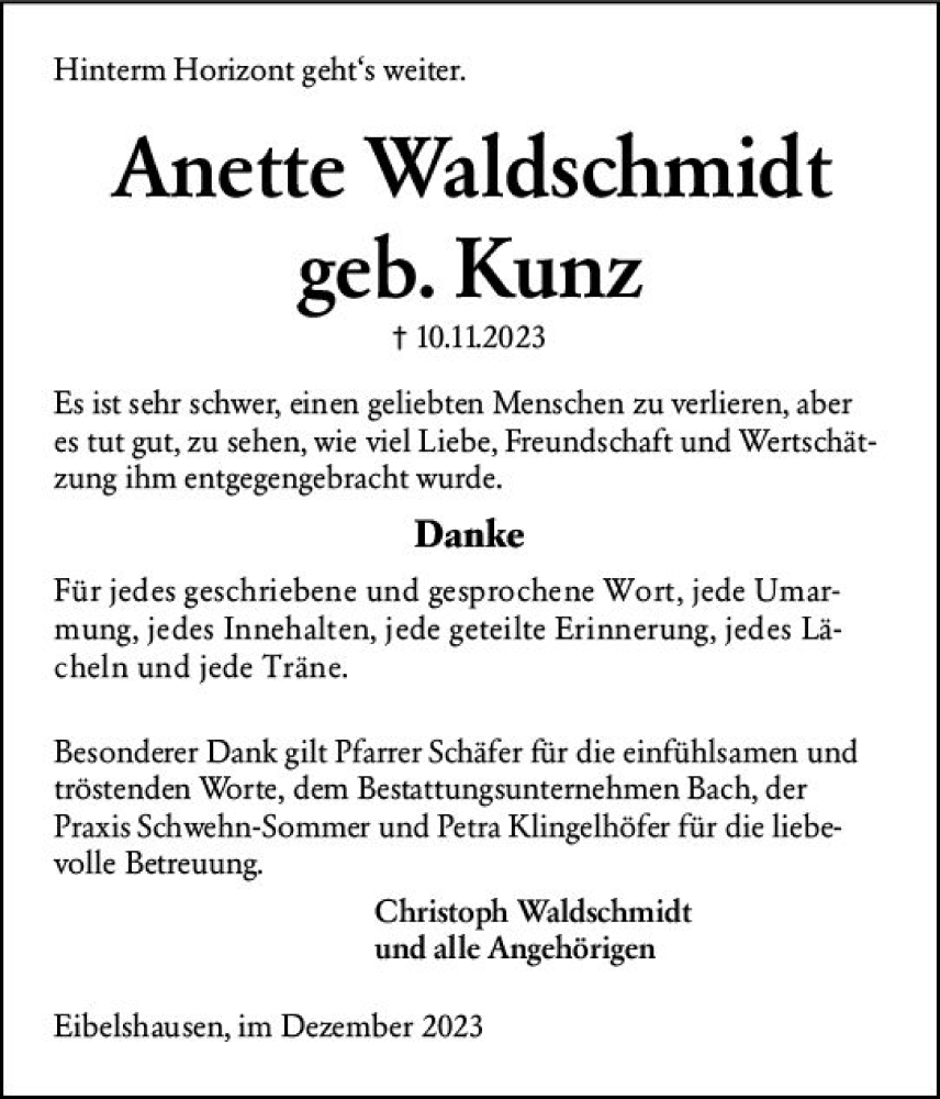  Traueranzeige für Anette Waldschmidt vom 16.12.2023 aus Dill Block