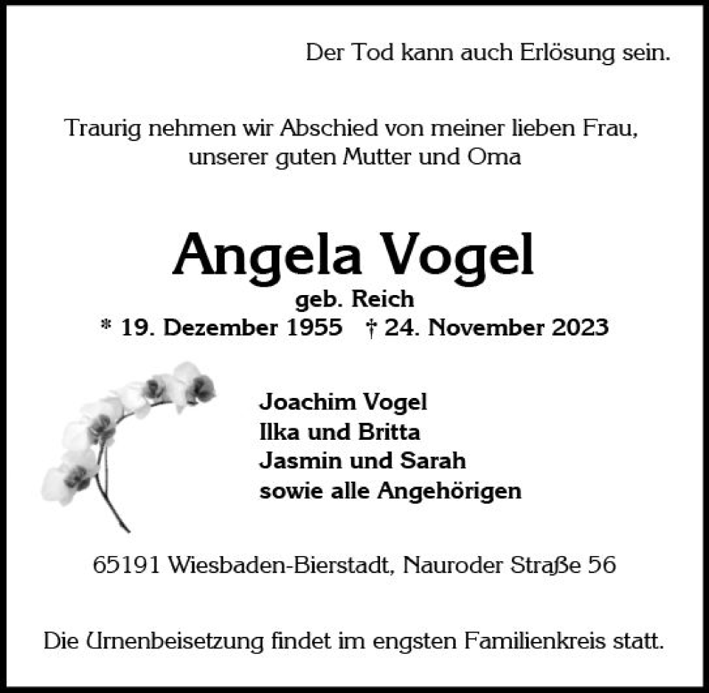  Traueranzeige für Angela Vogel vom 02.12.2023 aus Wiesbadener Kurier
