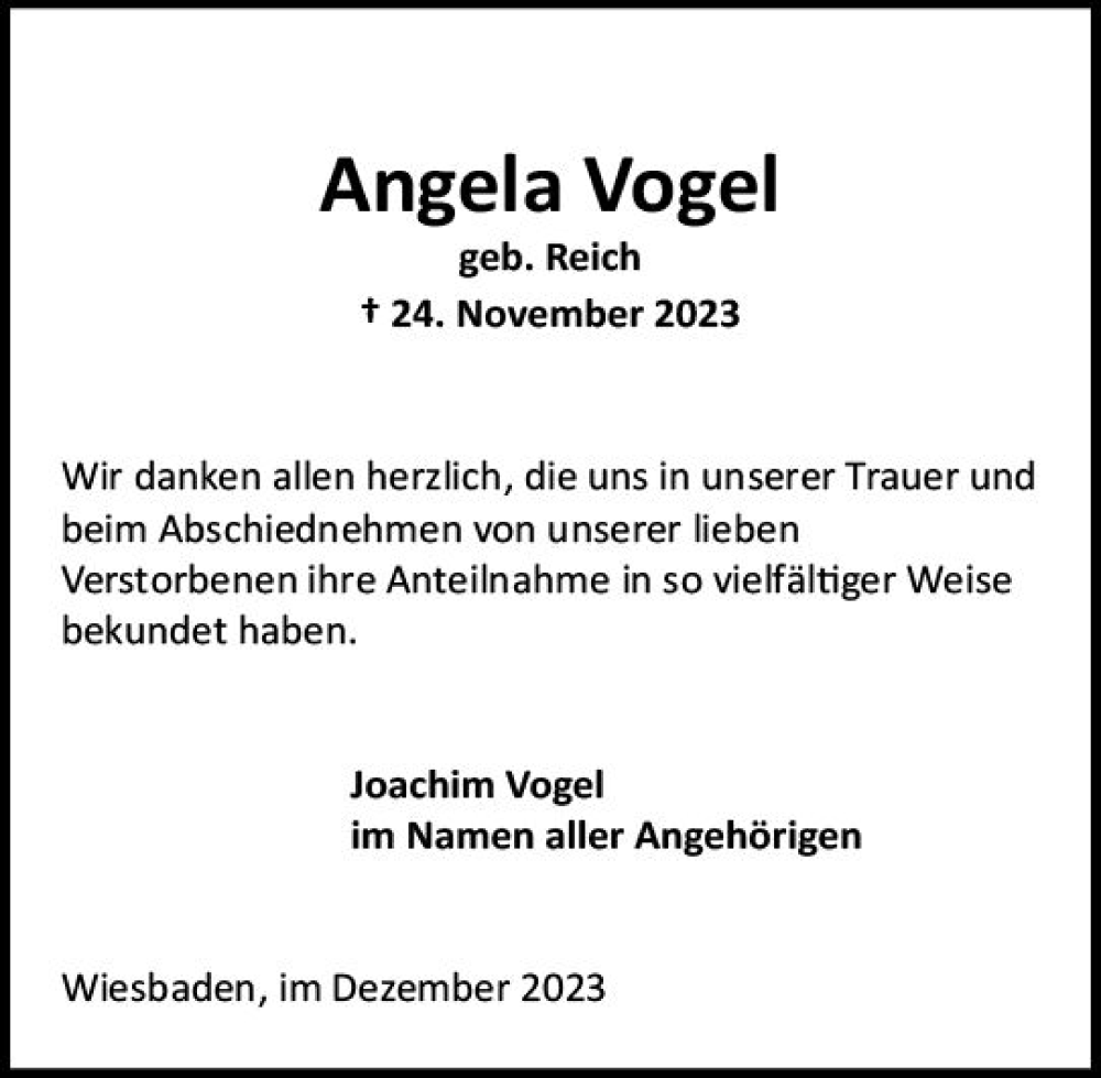  Traueranzeige für Angela Vogel vom 23.12.2023 aus Wiesbadener Kurier