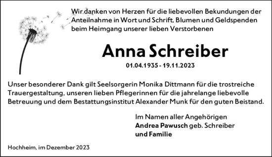 Traueranzeige von Anna Schreiber von Hochheimer Zeitung