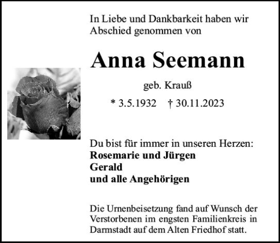 Traueranzeige von Anna Seemann von Darmstädter Echo