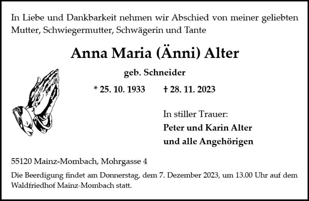  Traueranzeige für Anna Maria  Alter vom 02.12.2023 aus Allgemeine Zeitung Mainz