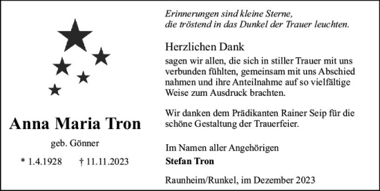 Traueranzeige von Anna Maria Tron von Rüsselsheimer Echo