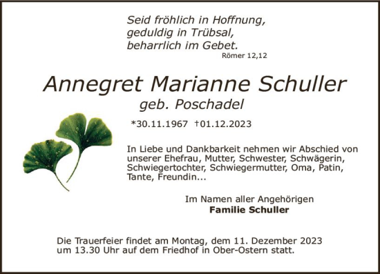 Traueranzeige von Annegret Marianne Schuller von Odenwälder Echo